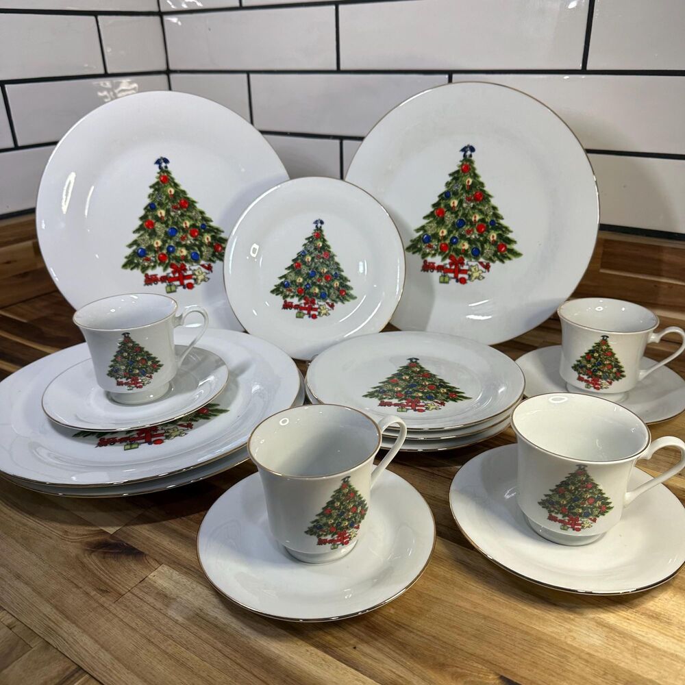 Vintage Sea Gull Fine China Christmas Tree 4-Place Setting Dinnerware Set 16 Pc